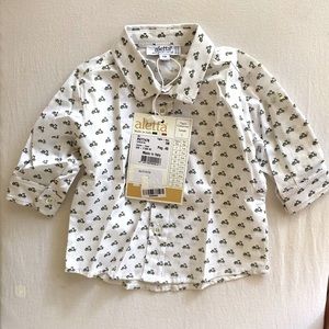 Newborn boys white dress shirt with little green moped’s, very cute!